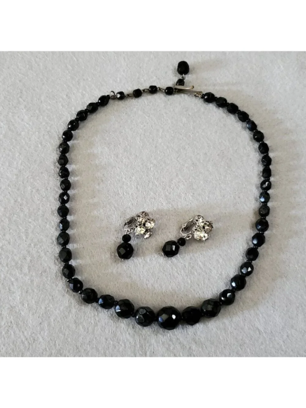 Vintage Beaded Necklace Earring Lot Faceted Black Glass Clip On 14-15